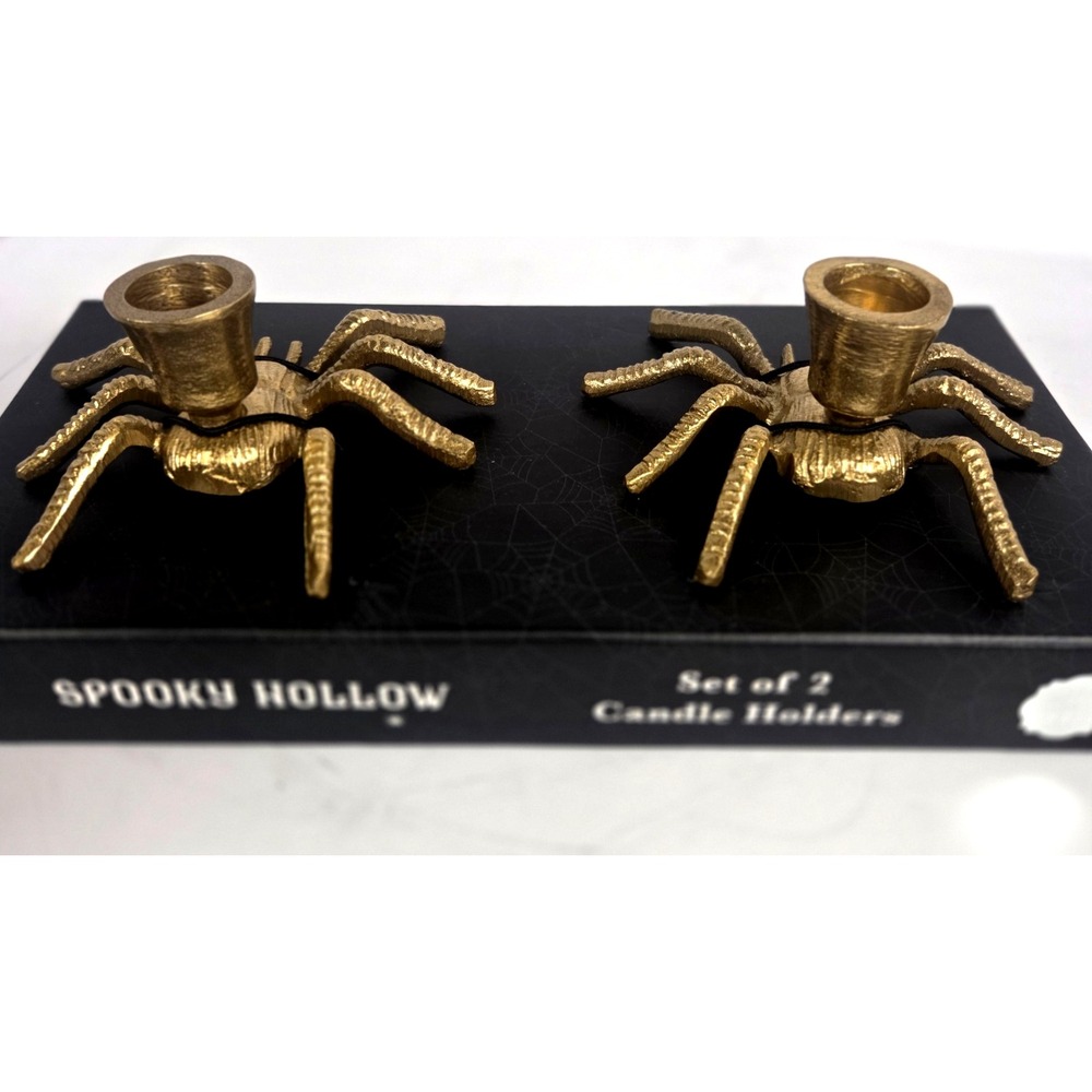 Spooky Hollow Spider Candle Holders Set of 2 Gold Halloween Gothic Decor